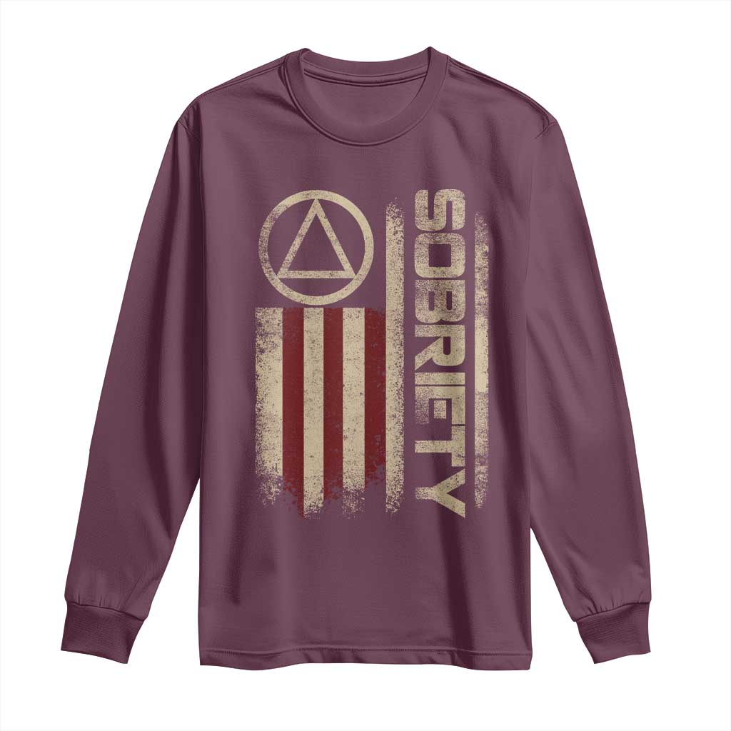 Sober AA NA Sobriety Anniversary Long Sleeve Shirt Alcoholism Addiction Recovery Vintage American Flag