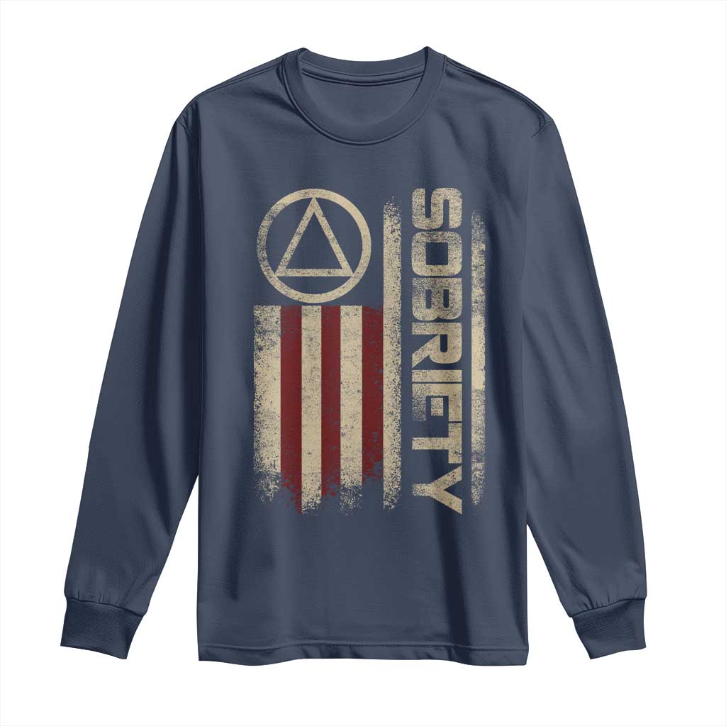 Sober AA NA Sobriety Anniversary Long Sleeve Shirt Alcoholism Addiction Recovery Vintage American Flag