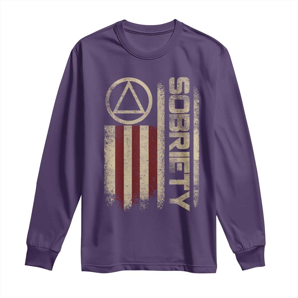 Sober AA NA Sobriety Anniversary Long Sleeve Shirt Alcoholism Addiction Recovery Vintage American Flag