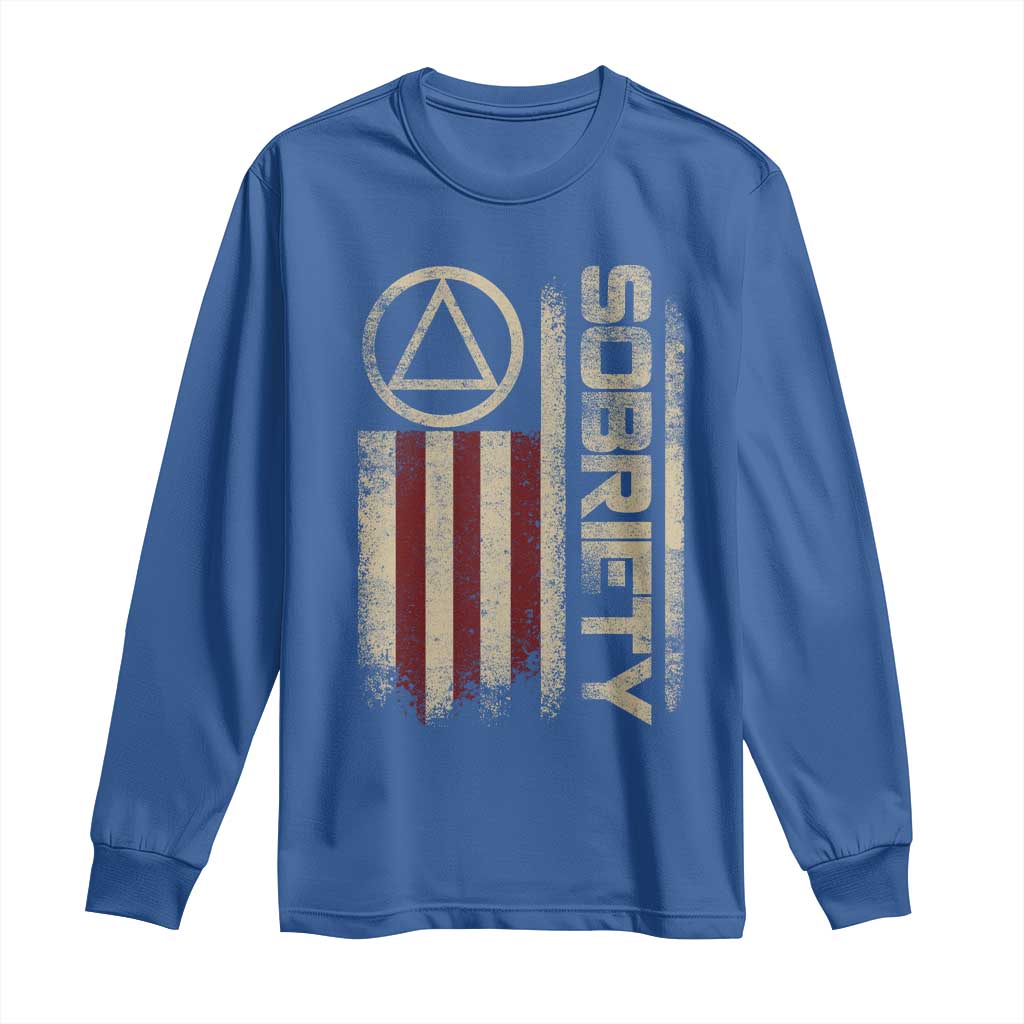 Sober AA NA Sobriety Anniversary Long Sleeve Shirt Alcoholism Addiction Recovery Vintage American Flag