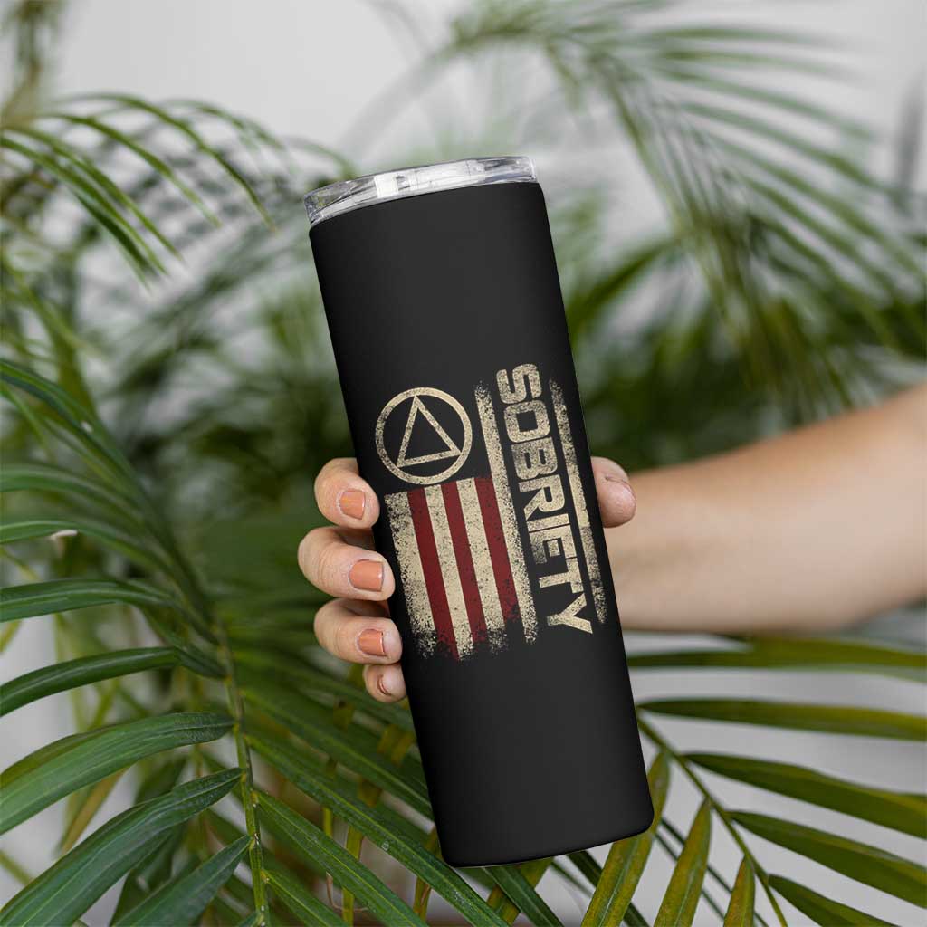 Sober AA NA Sobriety Anniversary Skinny Tumbler Alcoholism Addiction Recovery Vintage American Flag