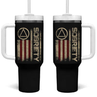 Sober AA NA Sobriety Anniversary Tumbler With Handle Alcoholism Addiction Recovery Vintage American Flag