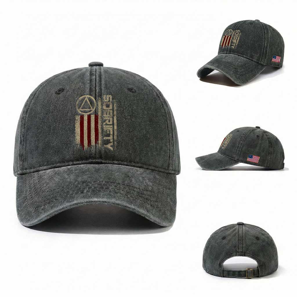 Sober AA NA Sobriety Anniversary Washed Cotton Baseball Cap Alcoholism Addiction Recovery Vintage American Flag