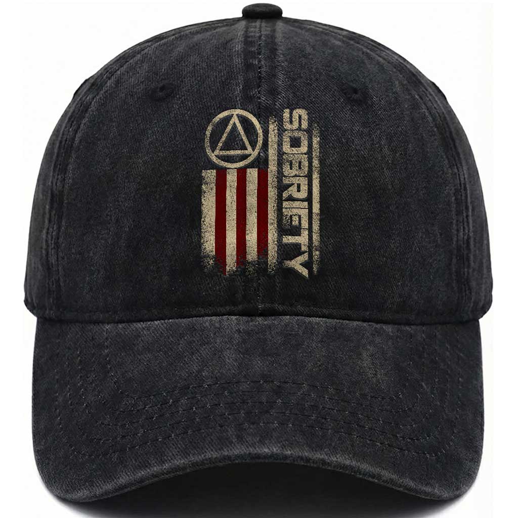 Sober AA NA Sobriety Anniversary Washed Cotton Baseball Cap Alcoholism Addiction Recovery Vintage American Flag