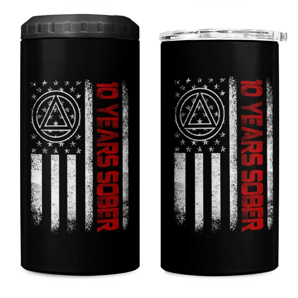 10 Years Sober 4 in 1 Can Cooler Tumbler 10 Years Sobriety Anniversary Vintage American Flag