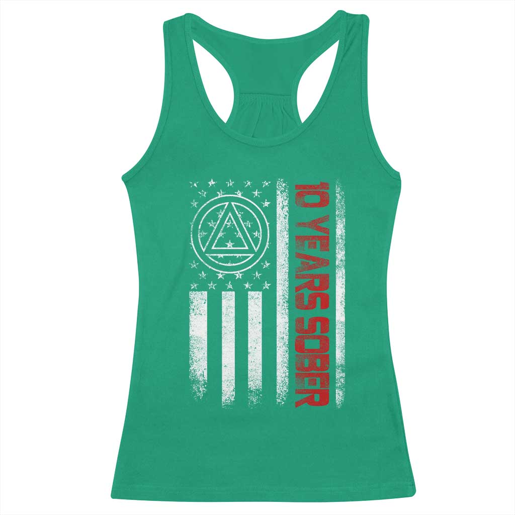 10 Years Sober Racerback Tank Top 10 Years Sobriety Anniversary Vintage American Flag