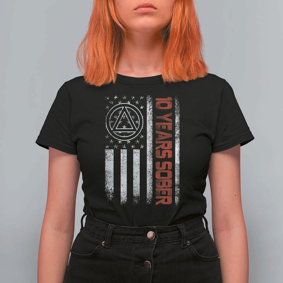 10 Years Sober T Shirt For Women 10 Years Sobriety Anniversary Vintage American Flag