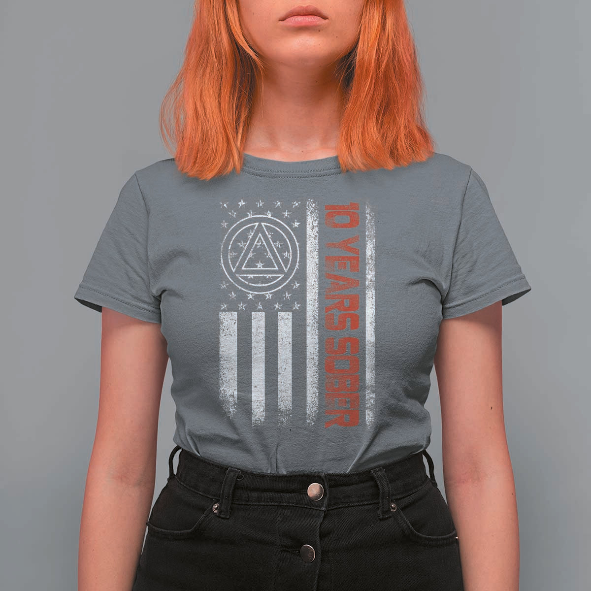 10 Years Sober T Shirt For Women 10 Years Sobriety Anniversary Vintage American Flag