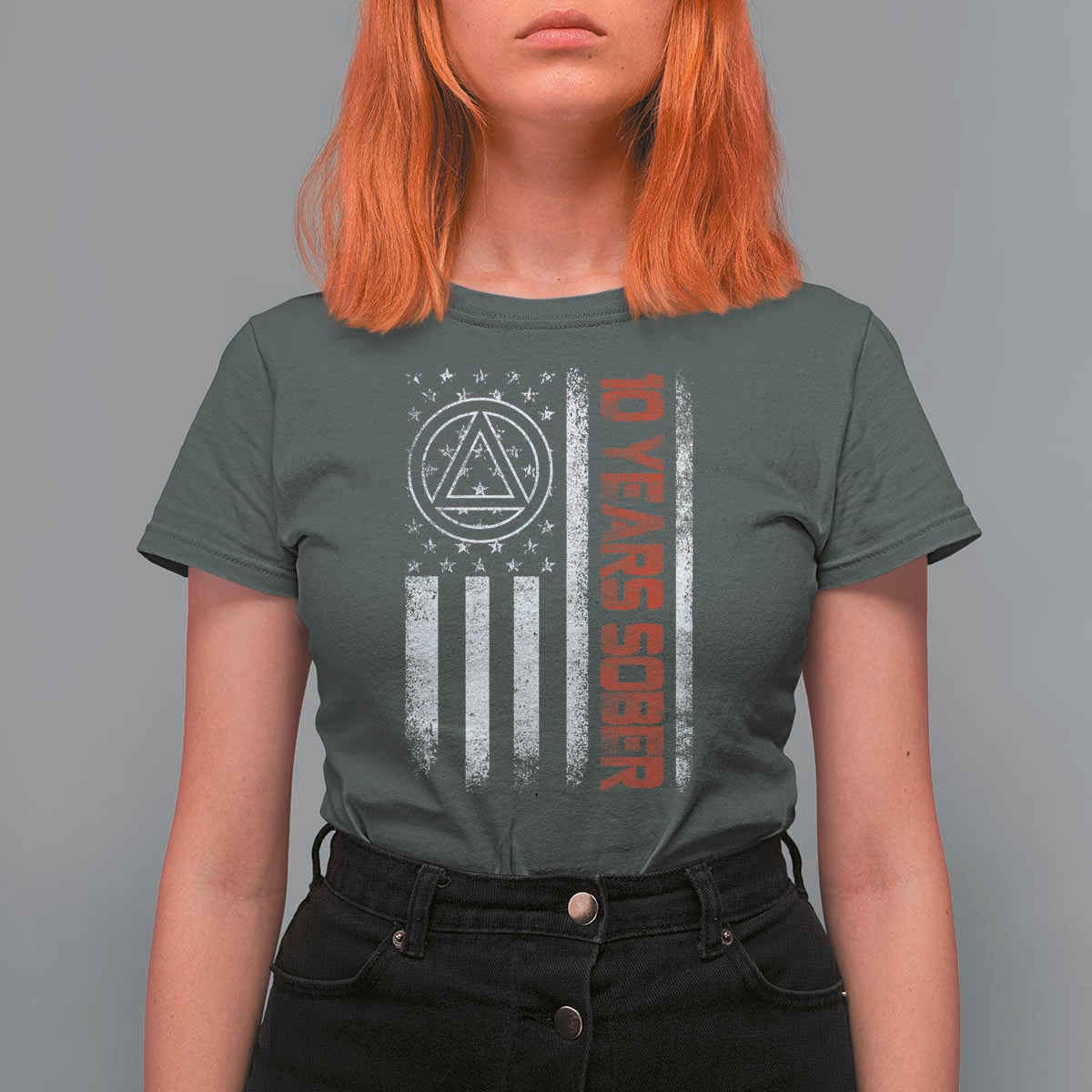 10 Years Sober T Shirt For Women 10 Years Sobriety Anniversary Vintage American Flag