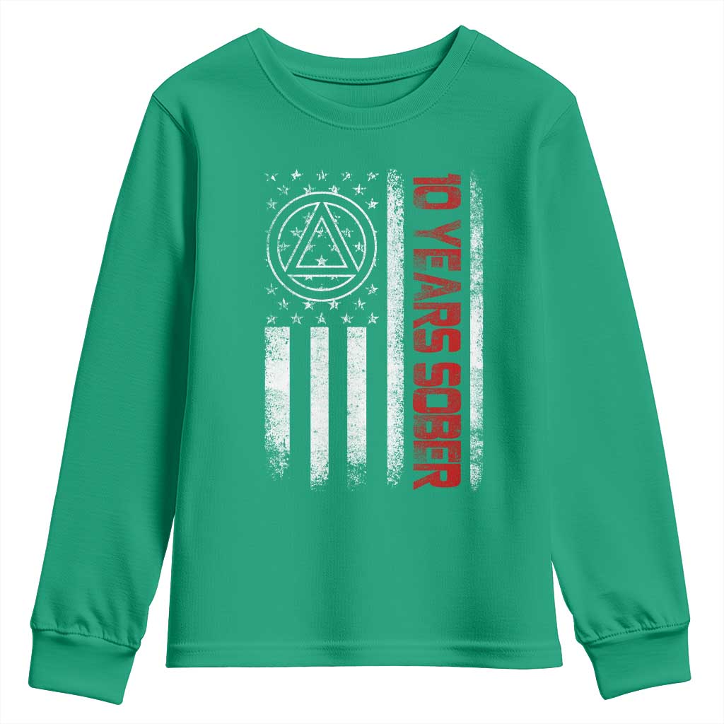 10 Years Sober Youth Sweatshirt 10 Years Sobriety Anniversary Vintage American Flag