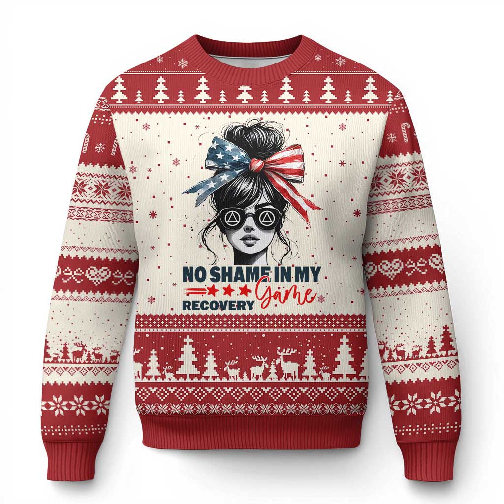 No Shame In My Recovery Game Ugly Christmas Sweater Sobriety AA NA Anniversary