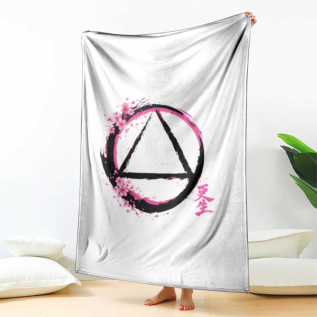 AA Sober Symbol Serenity Recovery Throw Blanket Japanese Cherry Blossom Brushstroke Circle