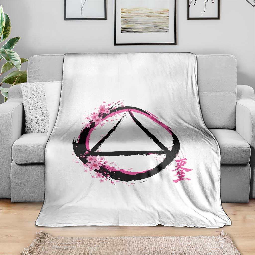 AA Sober Symbol Serenity Recovery Throw Blanket Japanese Cherry Blossom Brushstroke Circle