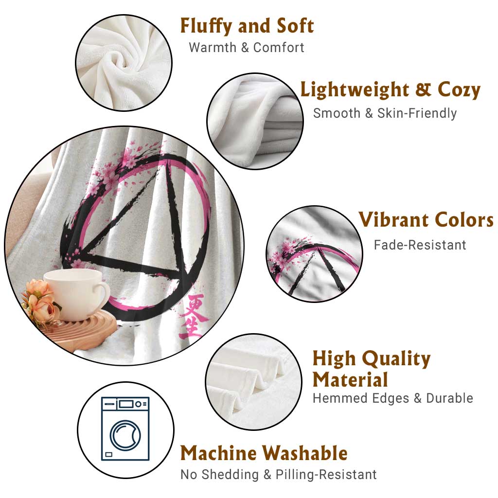 AA Sober Symbol Serenity Recovery Throw Blanket Japanese Cherry Blossom Brushstroke Circle