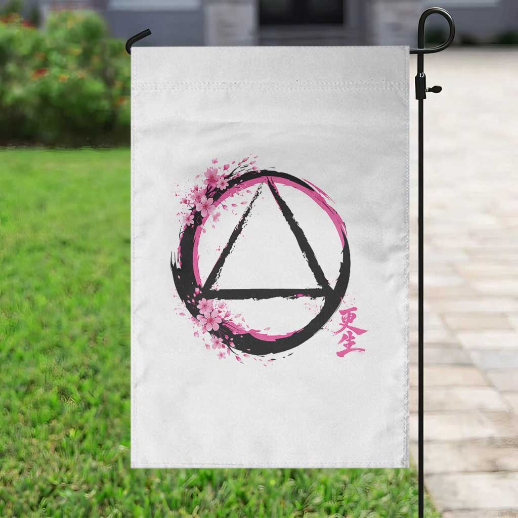 AA Sober Symbol Serenity Recovery Garden Flag Japanese Cherry Blossom Brushstroke Circle