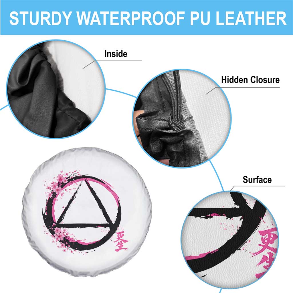 AA Sober Symbol Serenity Recovery Spare Tire Cover Japanese Cherry Blossom Brushstroke Circle