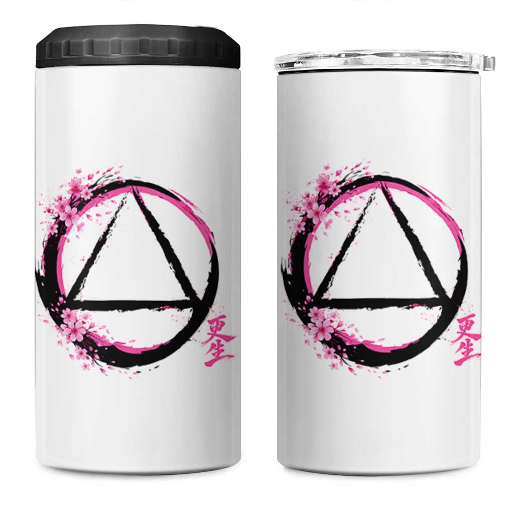 AA Sober Symbol Serenity Recovery 4 in 1 Can Cooler Tumbler Japanese Cherry Blossom Brushstroke Circle