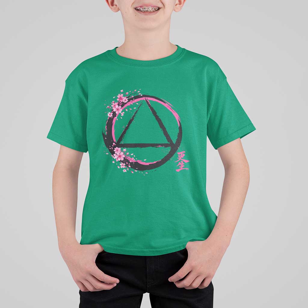 AA Sober Symbol Serenity Recovery T Shirt For Kid Japanese Cherry Blossom Brushstroke Circle