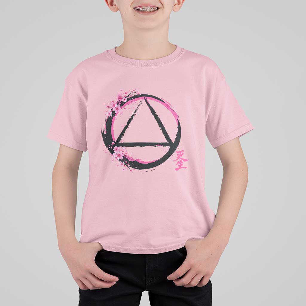 AA Sober Symbol Serenity Recovery T Shirt For Kid Japanese Cherry Blossom Brushstroke Circle