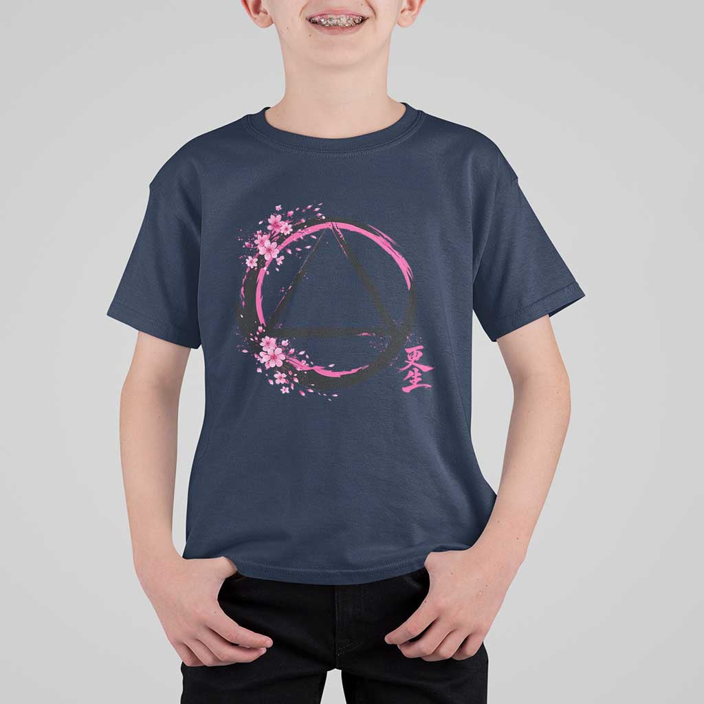 AA Sober Symbol Serenity Recovery T Shirt For Kid Japanese Cherry Blossom Brushstroke Circle