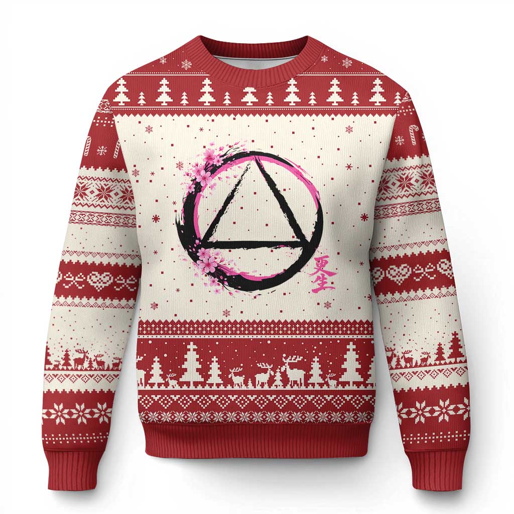 AA Sober Symbol Serenity Recovery Ugly Christmas Sweater Japanese Cherry Blossom Brushstroke Circle