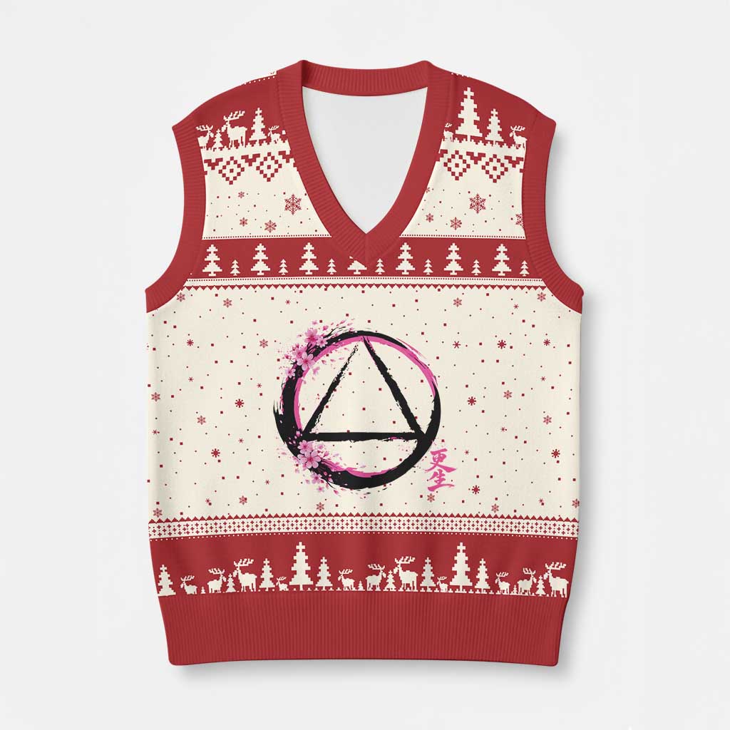 AA Sober Symbol Serenity Recovery V-Neck Knit Sweater Vest Japanese Cherry Blossom Brushstroke Circle