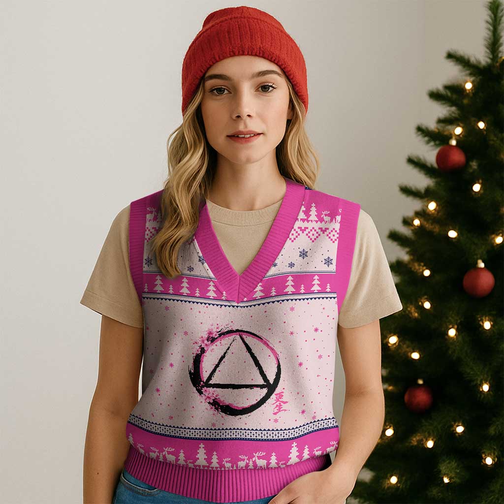 AA Sober Symbol Serenity Recovery V-Neck Knit Sweater Vest Japanese Cherry Blossom Brushstroke Circle