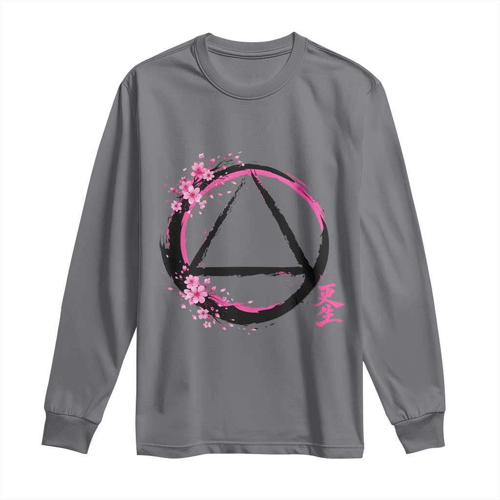 AA Sober Symbol Serenity Recovery Long Sleeve Shirt Japanese Cherry Blossom Brushstroke Circle