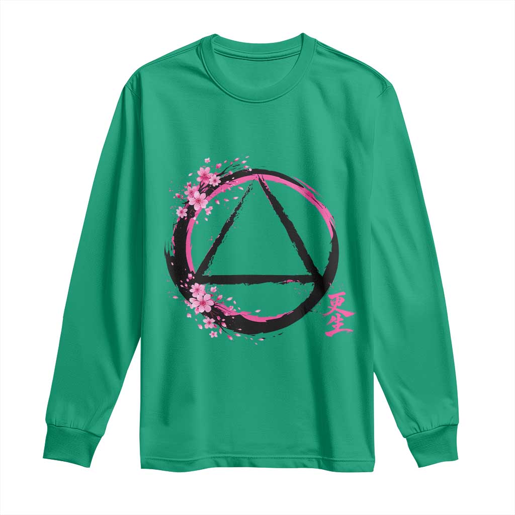AA Sober Symbol Serenity Recovery Long Sleeve Shirt Japanese Cherry Blossom Brushstroke Circle