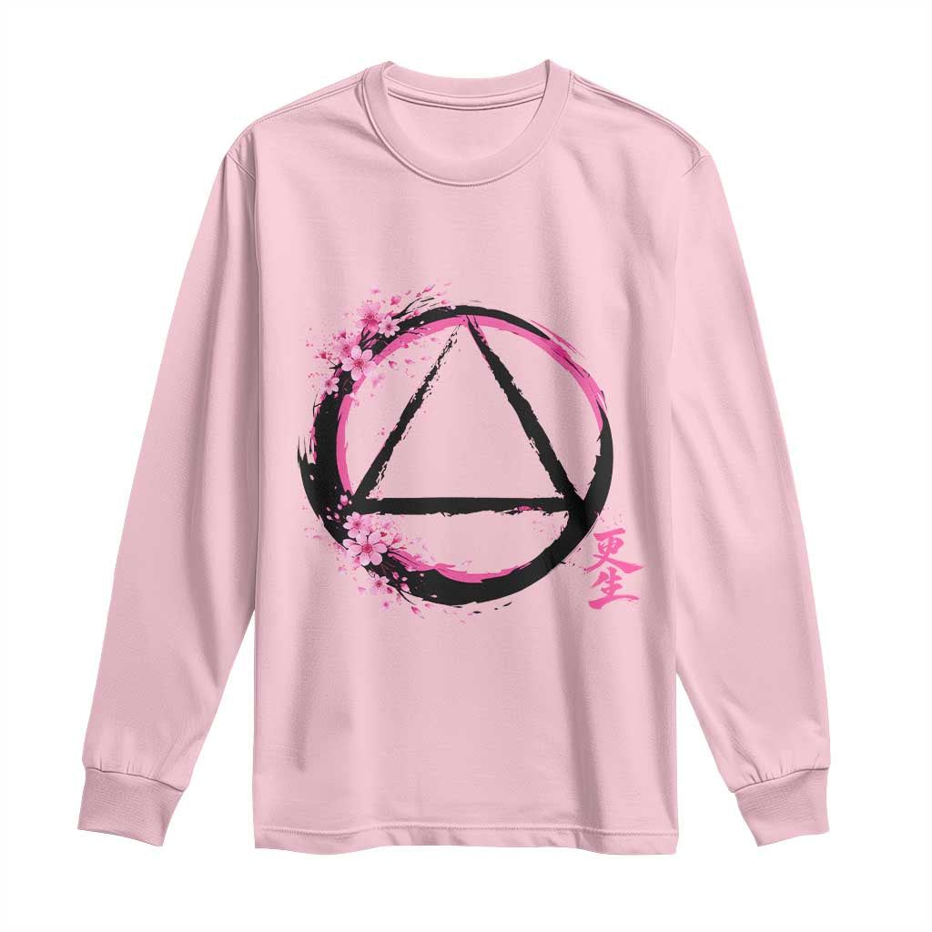 AA Sober Symbol Serenity Recovery Long Sleeve Shirt Japanese Cherry Blossom Brushstroke Circle