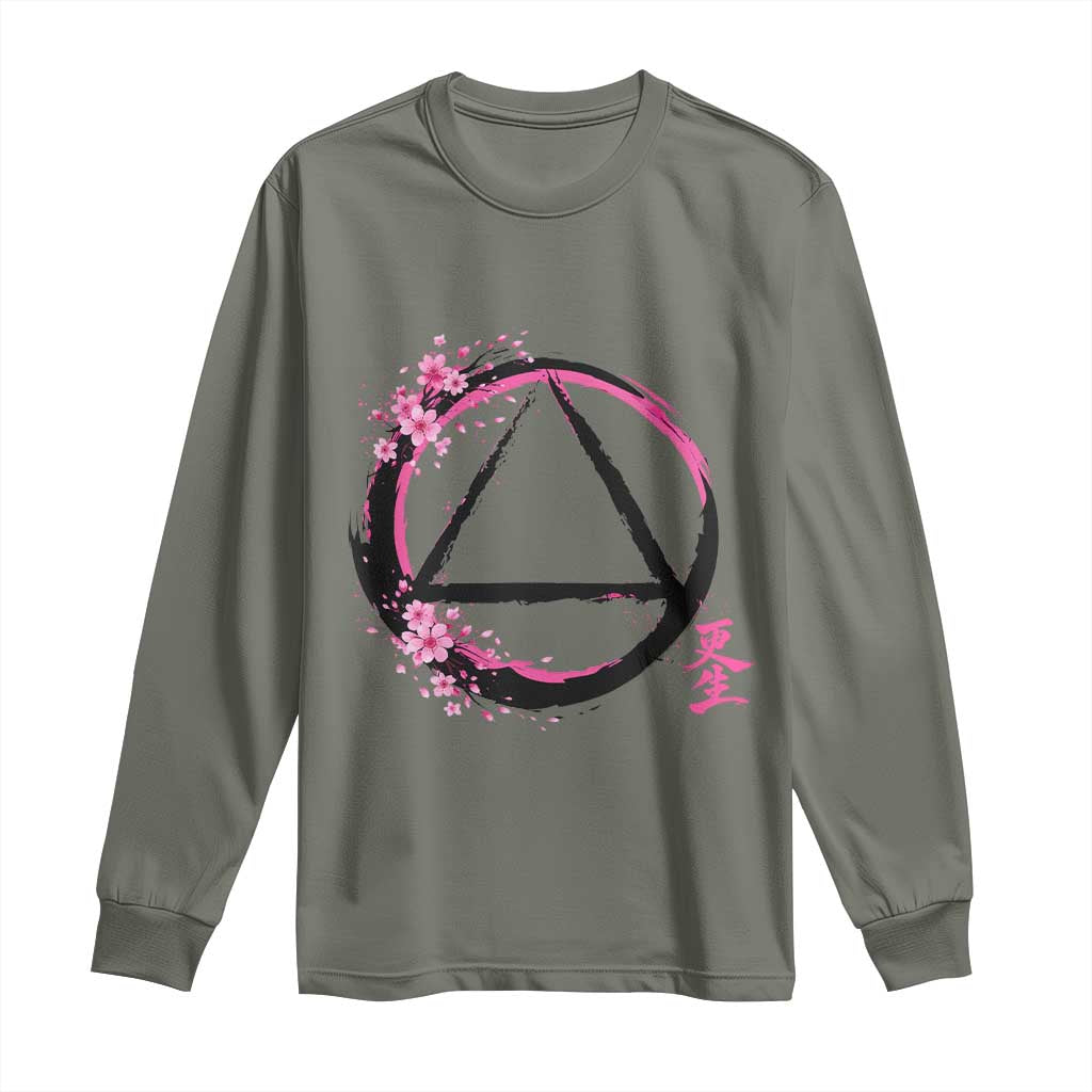AA Sober Symbol Serenity Recovery Long Sleeve Shirt Japanese Cherry Blossom Brushstroke Circle