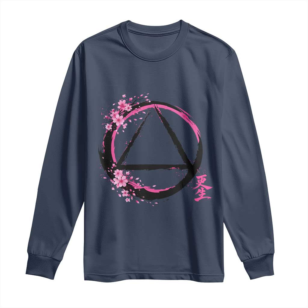 AA Sober Symbol Serenity Recovery Long Sleeve Shirt Japanese Cherry Blossom Brushstroke Circle