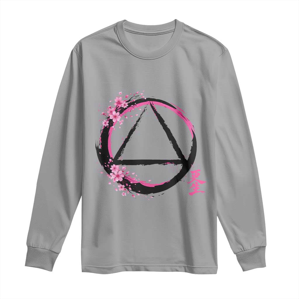 AA Sober Symbol Serenity Recovery Long Sleeve Shirt Japanese Cherry Blossom Brushstroke Circle