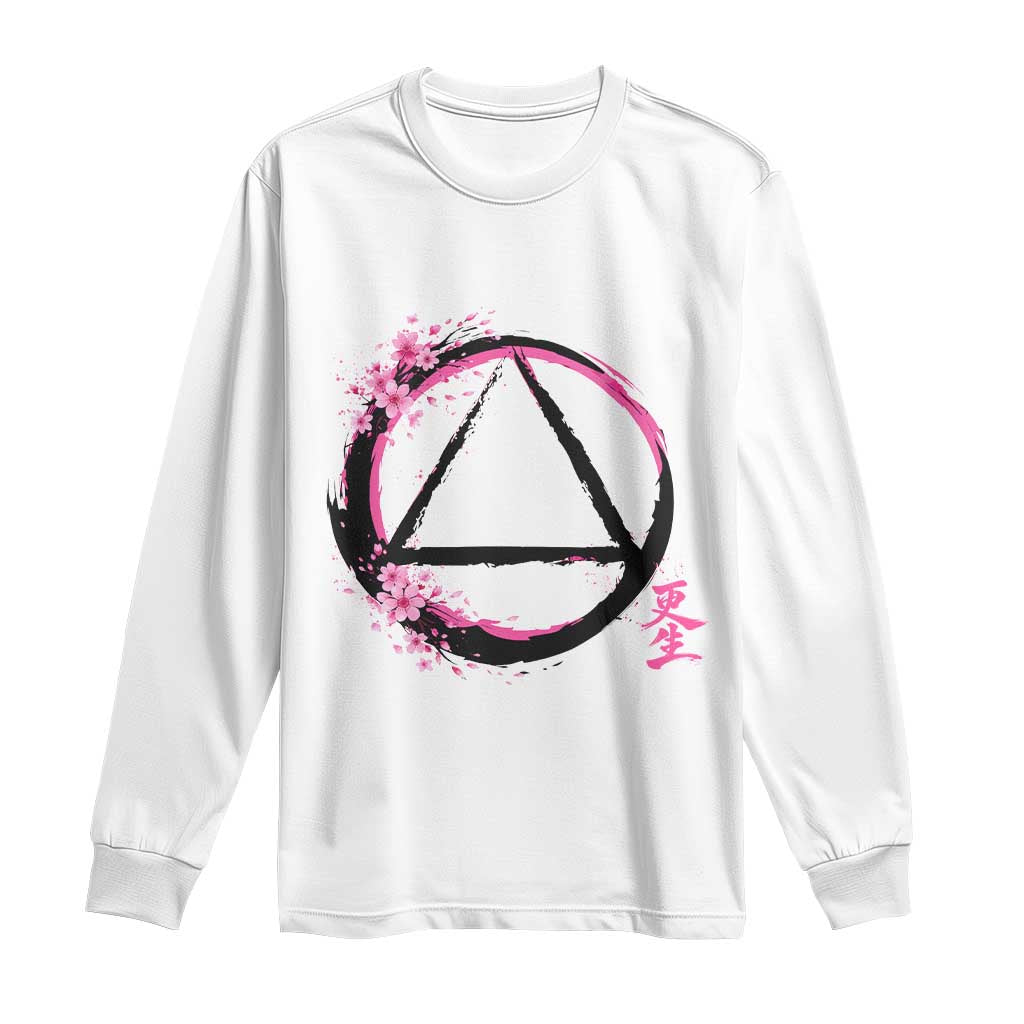 AA Sober Symbol Serenity Recovery Long Sleeve Shirt Japanese Cherry Blossom Brushstroke Circle