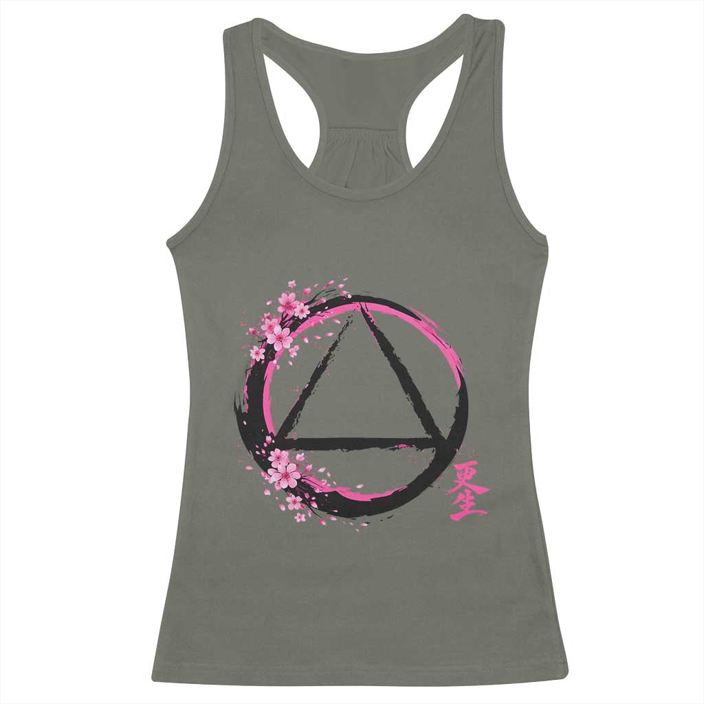 AA Sober Symbol Serenity Recovery Racerback Tank Top Japanese Cherry Blossom Brushstroke Circle