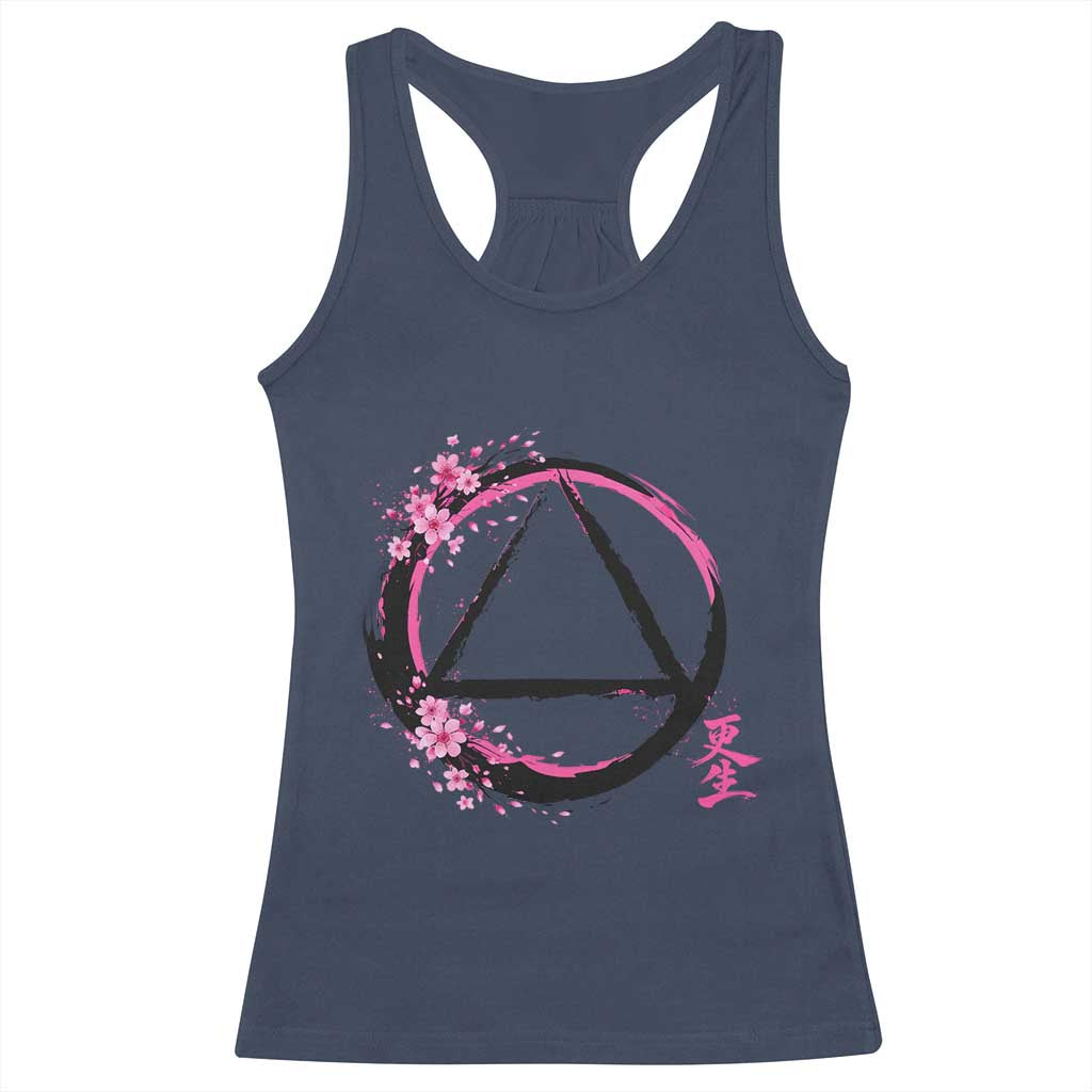 AA Sober Symbol Serenity Recovery Racerback Tank Top Japanese Cherry Blossom Brushstroke Circle