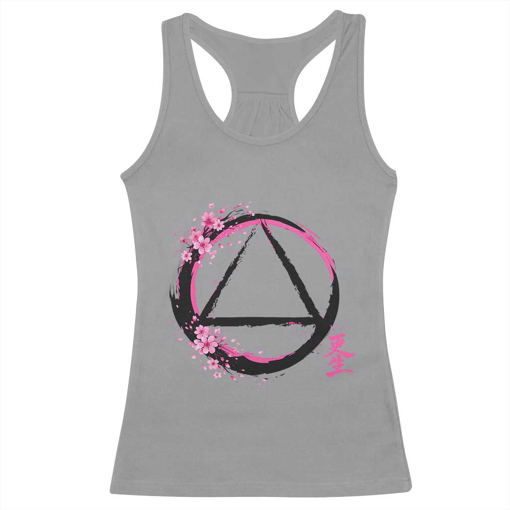 AA Sober Symbol Serenity Recovery Racerback Tank Top Japanese Cherry Blossom Brushstroke Circle