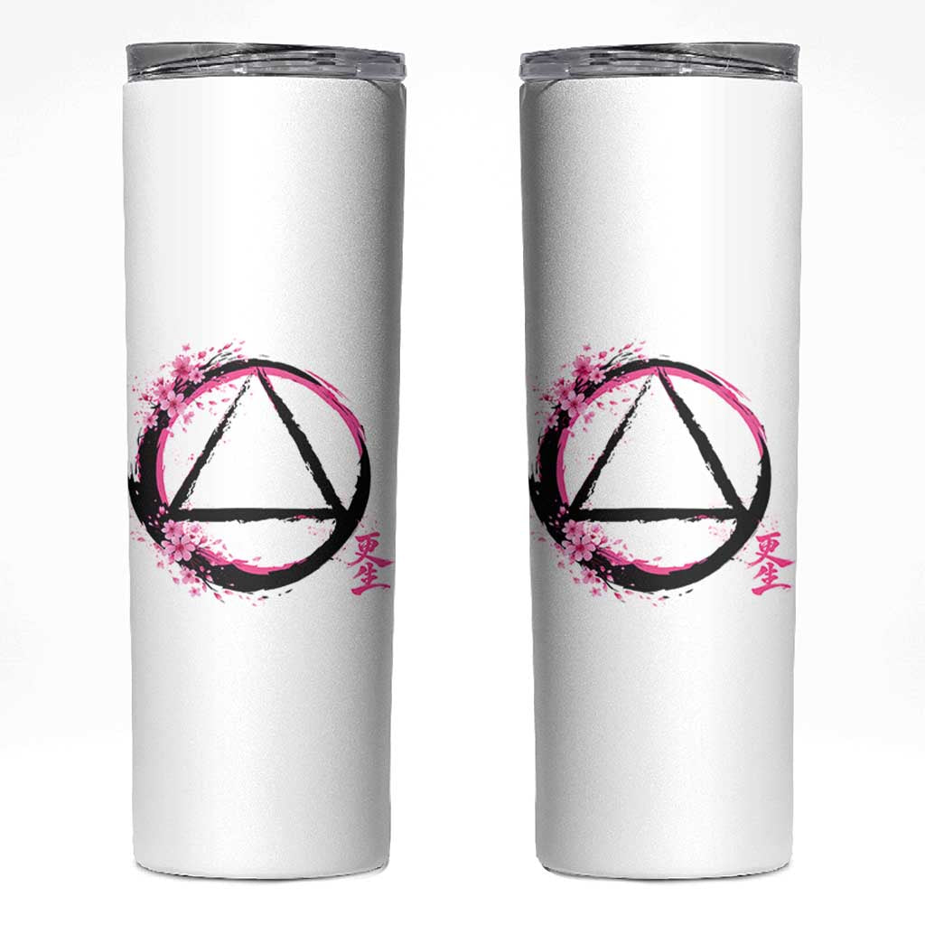 AA Sober Symbol Serenity Recovery Skinny Tumbler Japanese Cherry Blossom Brushstroke Circle