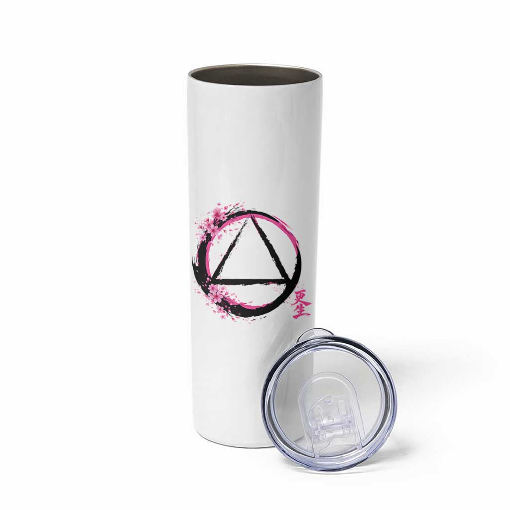 AA Sober Symbol Serenity Recovery Skinny Tumbler Japanese Cherry Blossom Brushstroke Circle