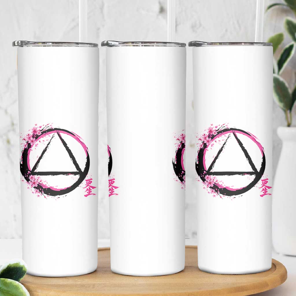 AA Sober Symbol Serenity Recovery Skinny Tumbler Japanese Cherry Blossom Brushstroke Circle