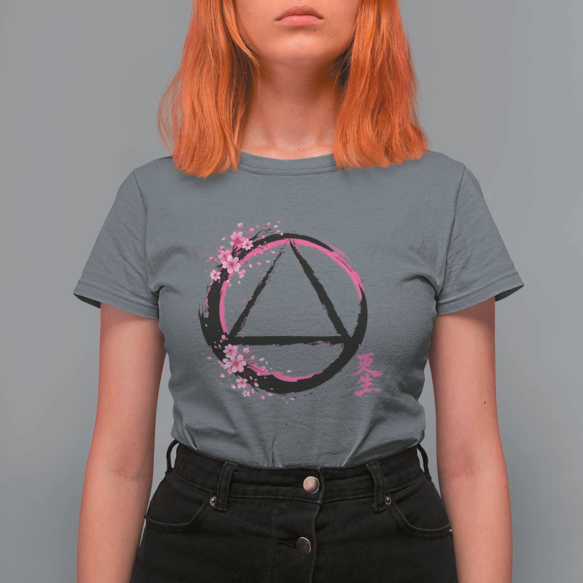 AA Sober Symbol Serenity Recovery T Shirt For Women Japanese Cherry Blossom Brushstroke Circle
