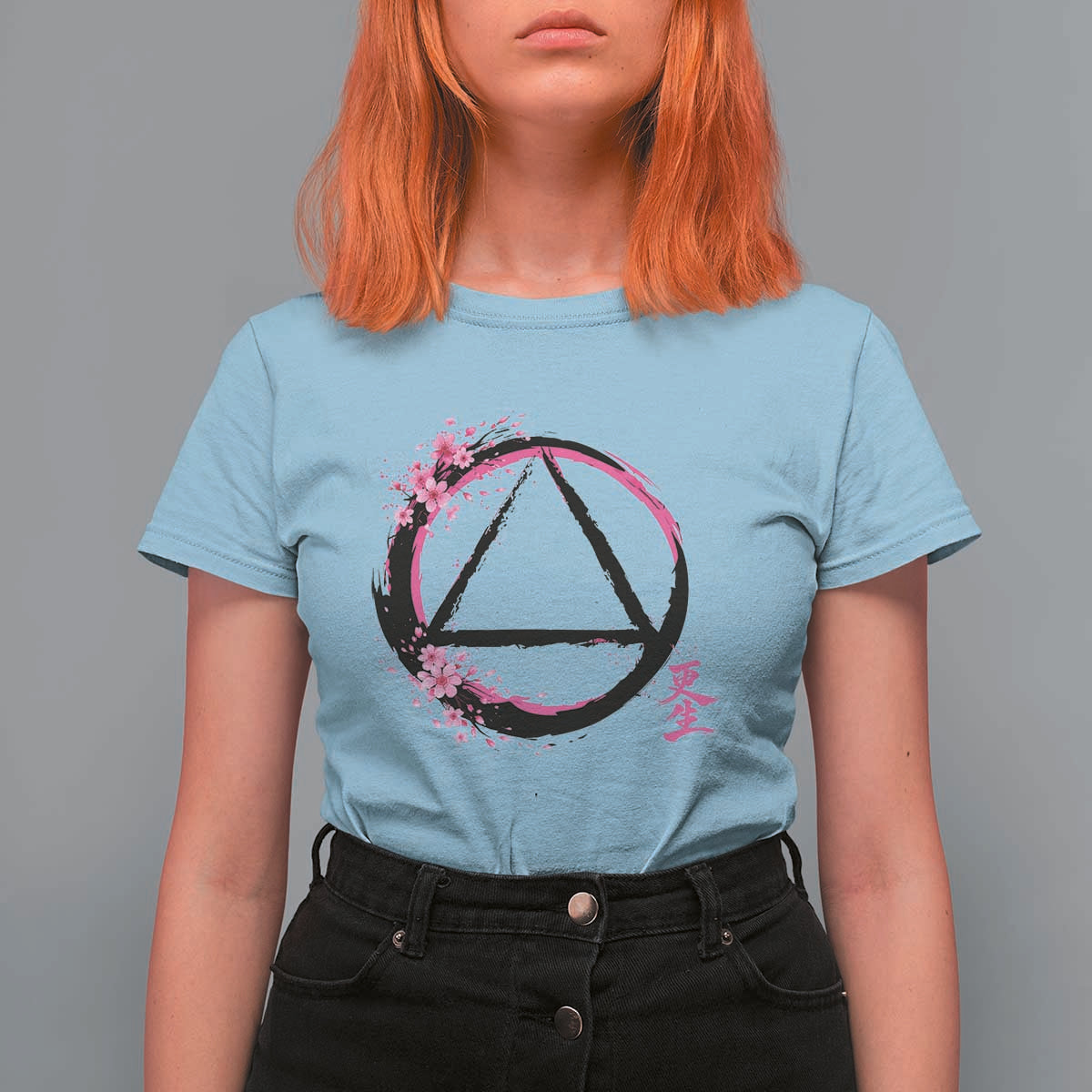 AA Sober Symbol Serenity Recovery T Shirt For Women Japanese Cherry Blossom Brushstroke Circle
