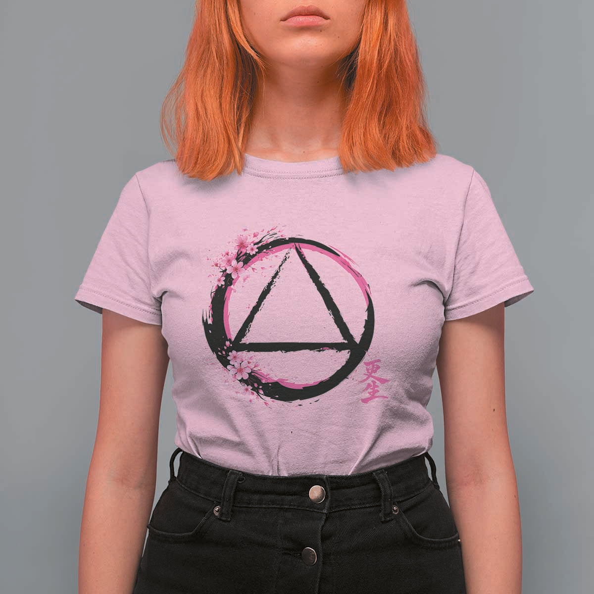 AA Sober Symbol Serenity Recovery T Shirt For Women Japanese Cherry Blossom Brushstroke Circle