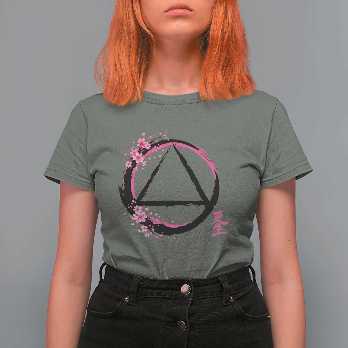 AA Sober Symbol Serenity Recovery T Shirt For Women Japanese Cherry Blossom Brushstroke Circle