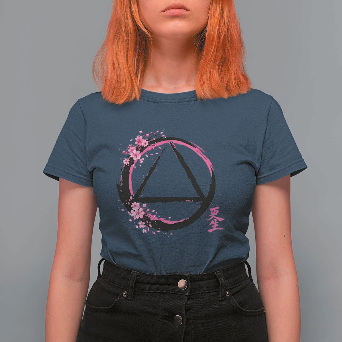 AA Sober Symbol Serenity Recovery T Shirt For Women Japanese Cherry Blossom Brushstroke Circle