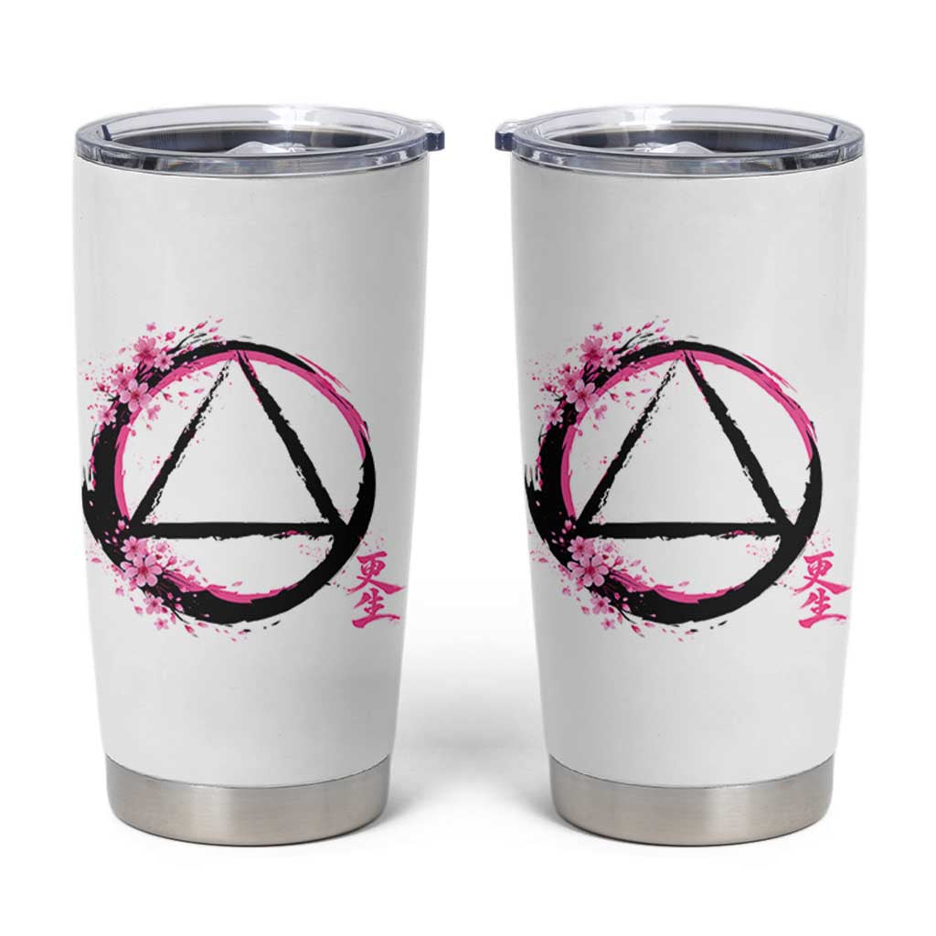 AA Sober Symbol Serenity Recovery Tumbler Cup Japanese Cherry Blossom Brushstroke Circle