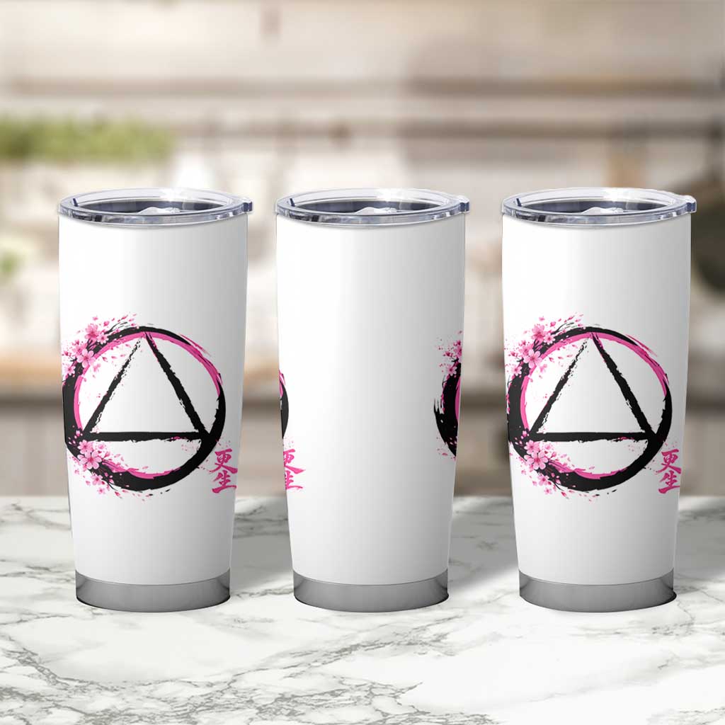 AA Sober Symbol Serenity Recovery Tumbler Cup Japanese Cherry Blossom Brushstroke Circle