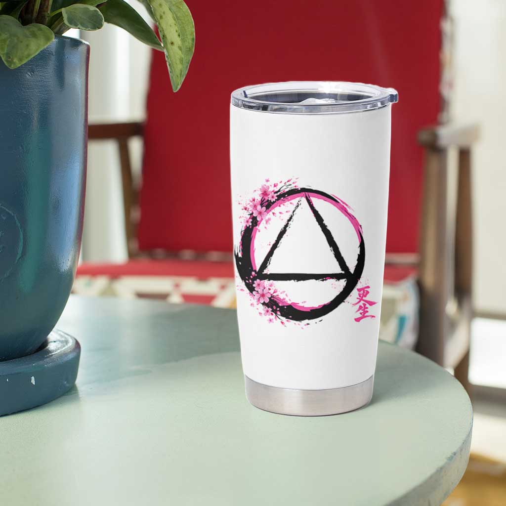 AA Sober Symbol Serenity Recovery Tumbler Cup Japanese Cherry Blossom Brushstroke Circle