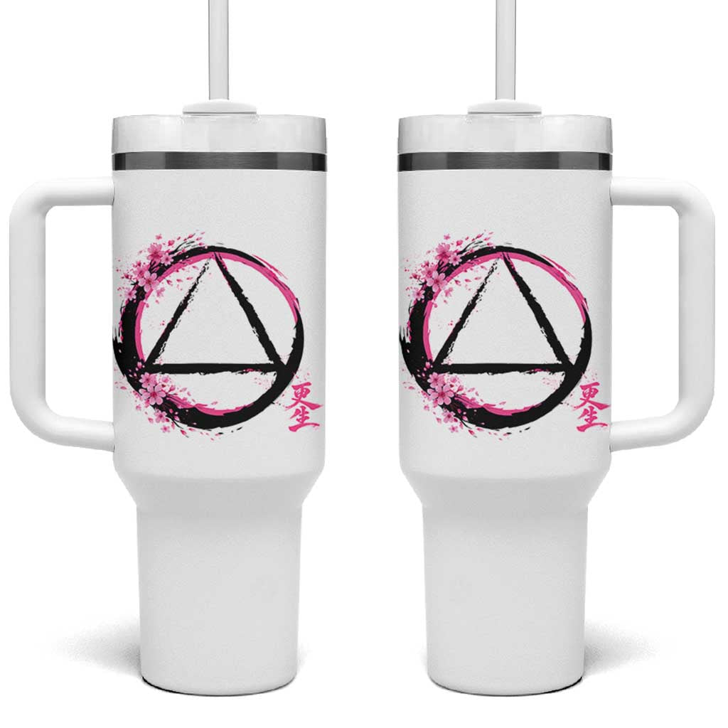 AA Sober Symbol Serenity Recovery Tumbler With Handle Japanese Cherry Blossom Brushstroke Circle