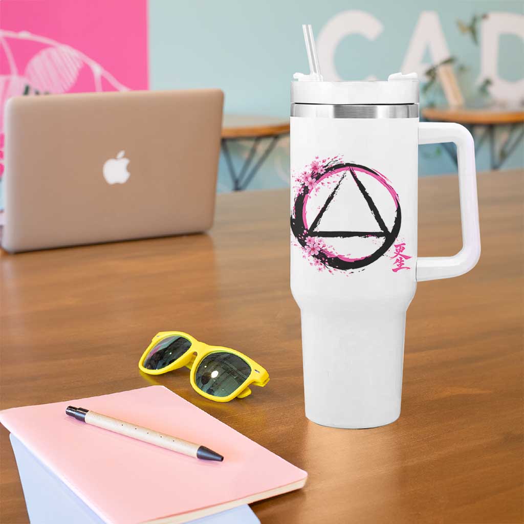 AA Sober Symbol Serenity Recovery Tumbler With Handle Japanese Cherry Blossom Brushstroke Circle